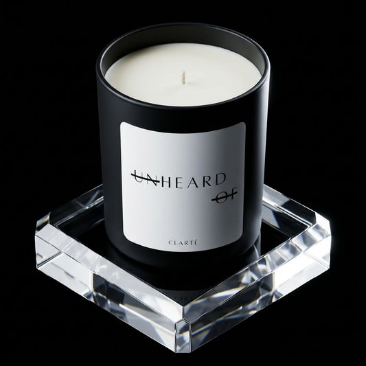 UNHEARD OF Clarté luxury candle, matte black jar with minimalist label, 8oz hand-poured coconut wax, citrus and chili pepper scent.
