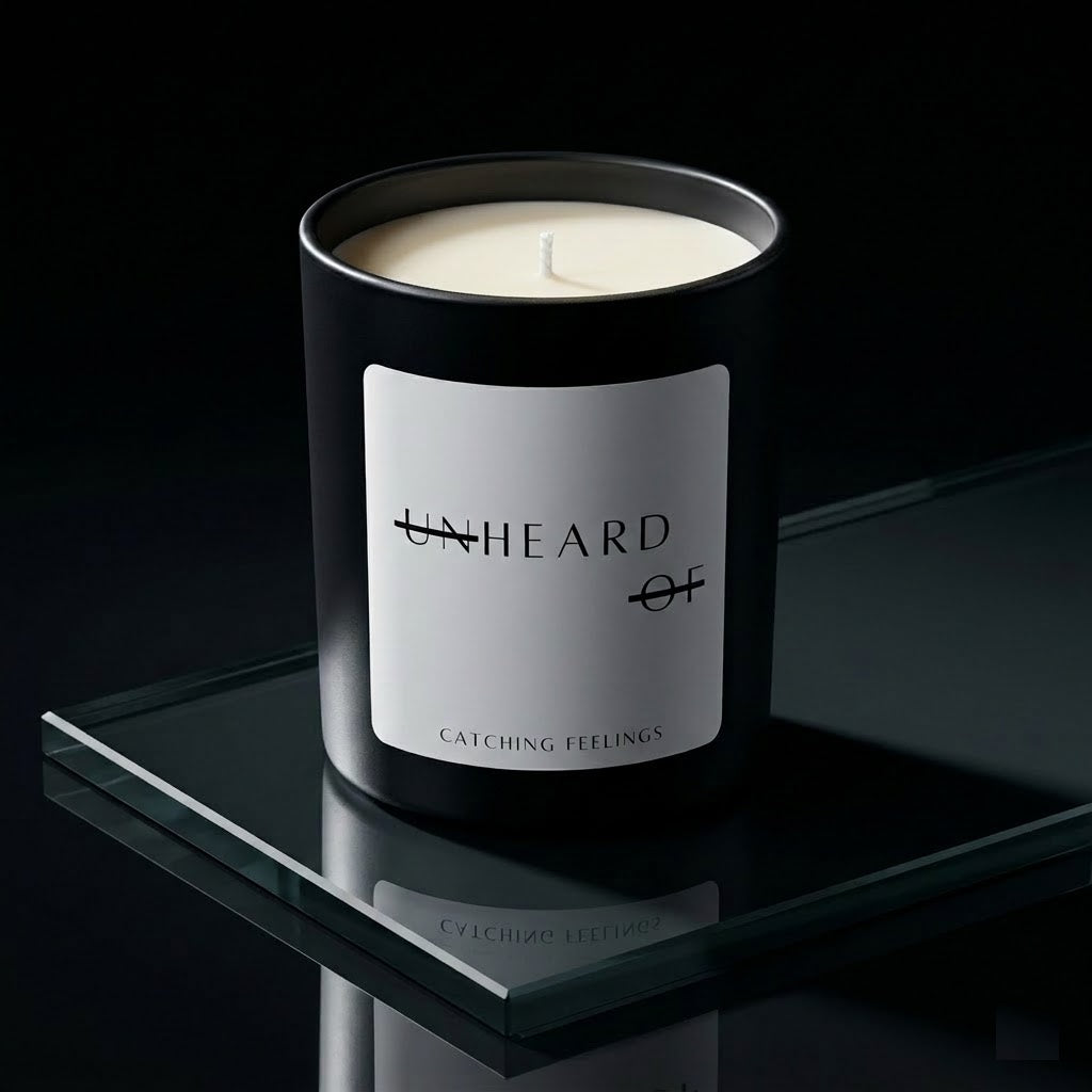 UNHEARD OF Catching Feelings luxury candle, matte black jar with minimalist label, 8oz hand-poured coconut wax, cardamom and vetiver scent.
