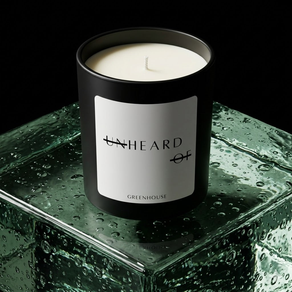 UNHEARD OF Greenhouse Jalapeno luxury candle, matte black jar with minimalist white label, 8oz hand-poured coconut wax, spicy organic green scent, high-end editorial product photography.