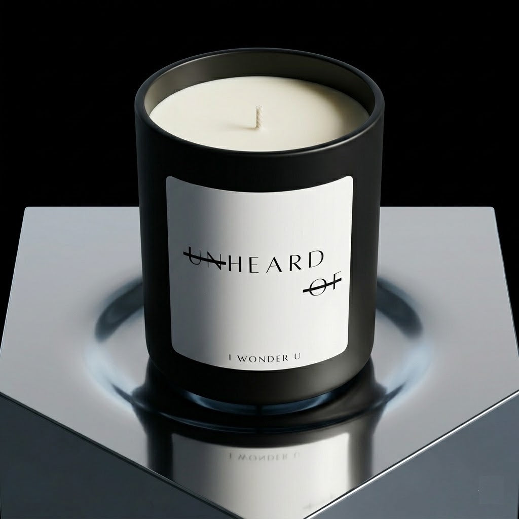 UNHEARD OF I Wonder U luxury candle, 10oz matte black glass jar with a minimalist white label, featuring notes of Bergamot, Saffron, Jasmine, and Vetiver.
