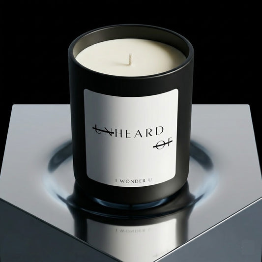 UNHEARD OF I Wonder U luxury candle, 10oz matte black glass jar with a minimalist white label, featuring notes of Bergamot, Saffron, Jasmine, and Vetiver.