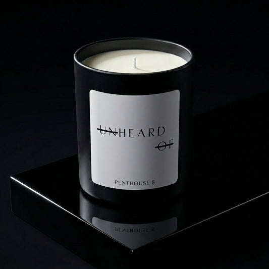 UNHEARD OF Penthouse 8 luxury candle, matte black jar with minimalist label, 8oz hand-poured coconut wax, smoky incense and charred birchwood scent, high-end editorial art piece.