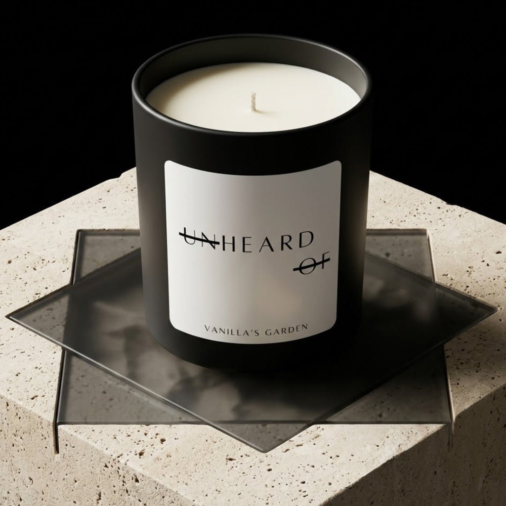 UNHEARD OF Vanilla's Garden luxury vanilla candle, matte black jar with minimalist label, 8oz hand-poured coconut wax, jasmine and mahogany teakwood scent.