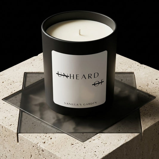 UNHEARD OF Vanilla's Garden luxury vanilla candle, matte black jar with minimalist label, 8oz hand-poured coconut wax, jasmine and mahogany teakwood scent.