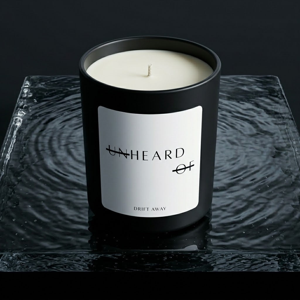 UNHEARD OF Drift Away luxury candle, matte black jar with minimalist label, 8oz hand-poured coconut wax, sea salt and driftwood scent profile.